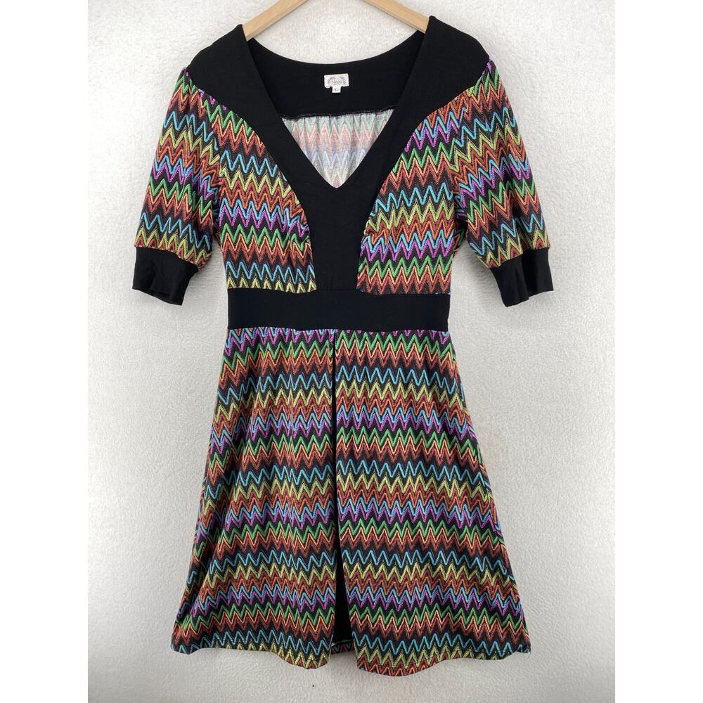 NEDA Dress L Geometric Chevron Jersey V-Neck Stretch Half Sleeve Black USA